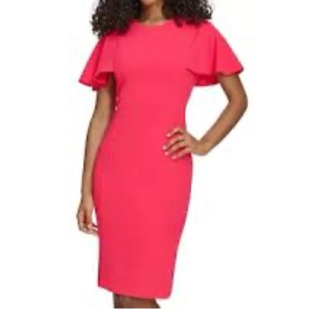 Calvin Klein Dress 8 Azalea Pink Scuba Sheath Flutter Sleeve Career Church